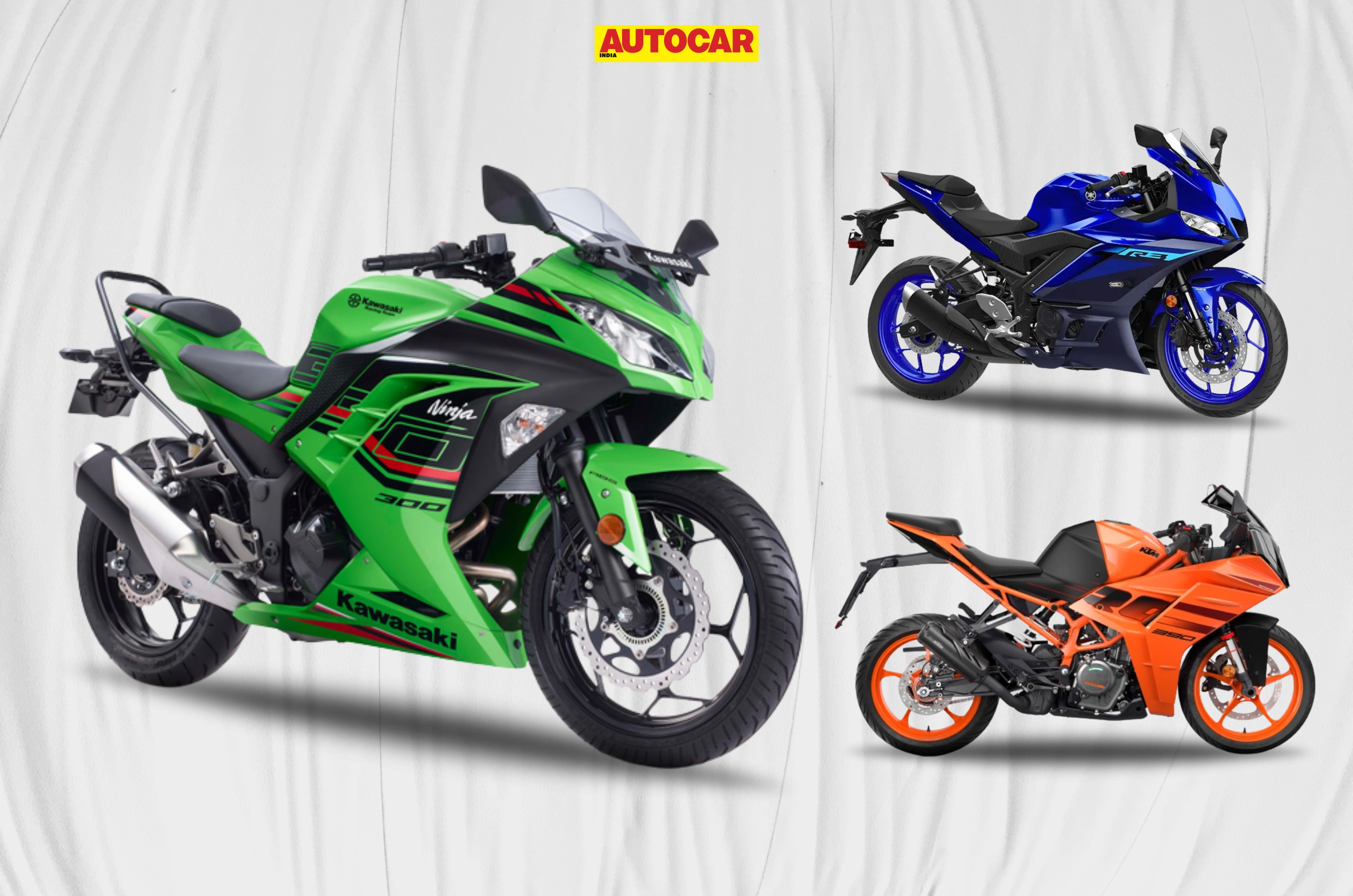 Kawasaki Ninja 300, Yamaha R3, KTM RC 390 composite image